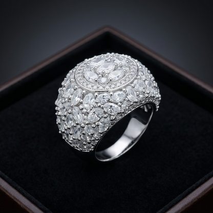 Silver ring with diamonds on a black background