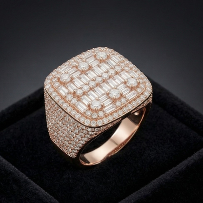 Rose gold ring with diamond accents on a black background