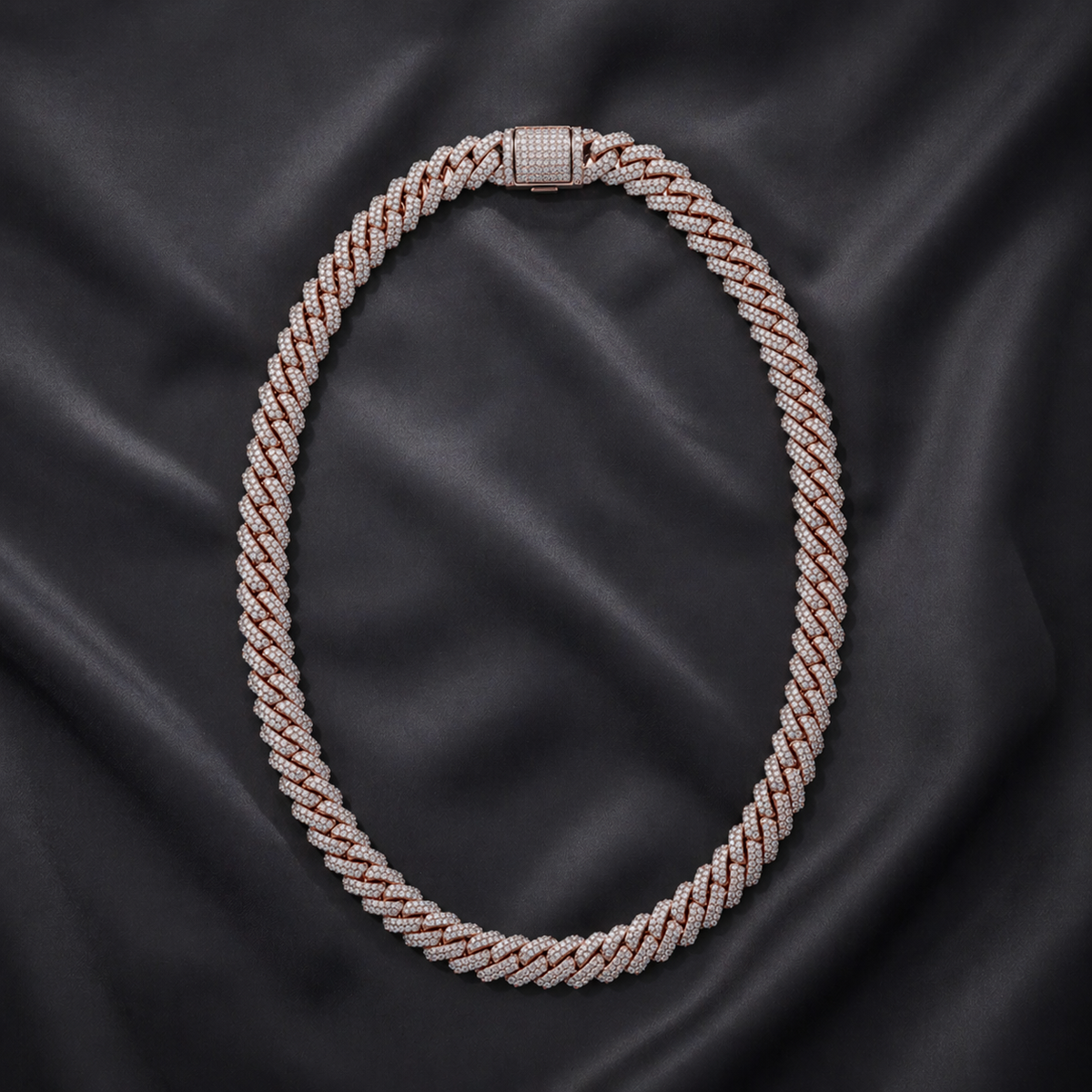 Diamond rope necklace on a black satin background
