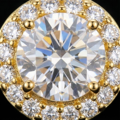 Gold earring with a large diamond and smaller diamonds around it on a black background