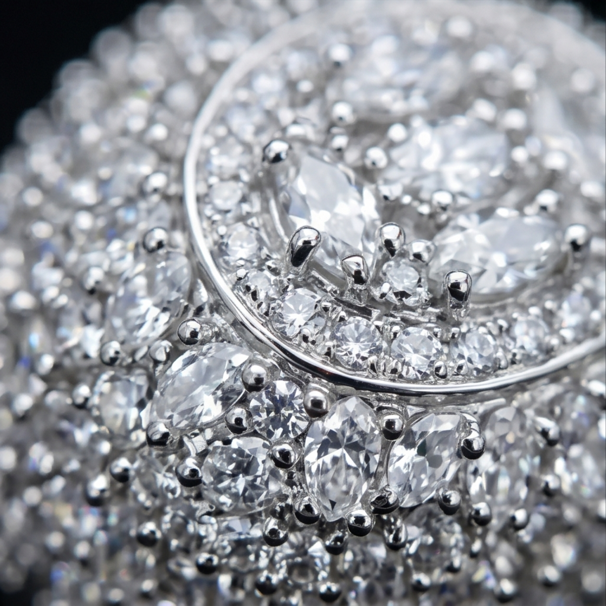 Close-up of a diamond ring with intricate design