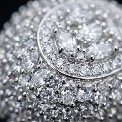 Close-up of a diamond ring with intricate design
