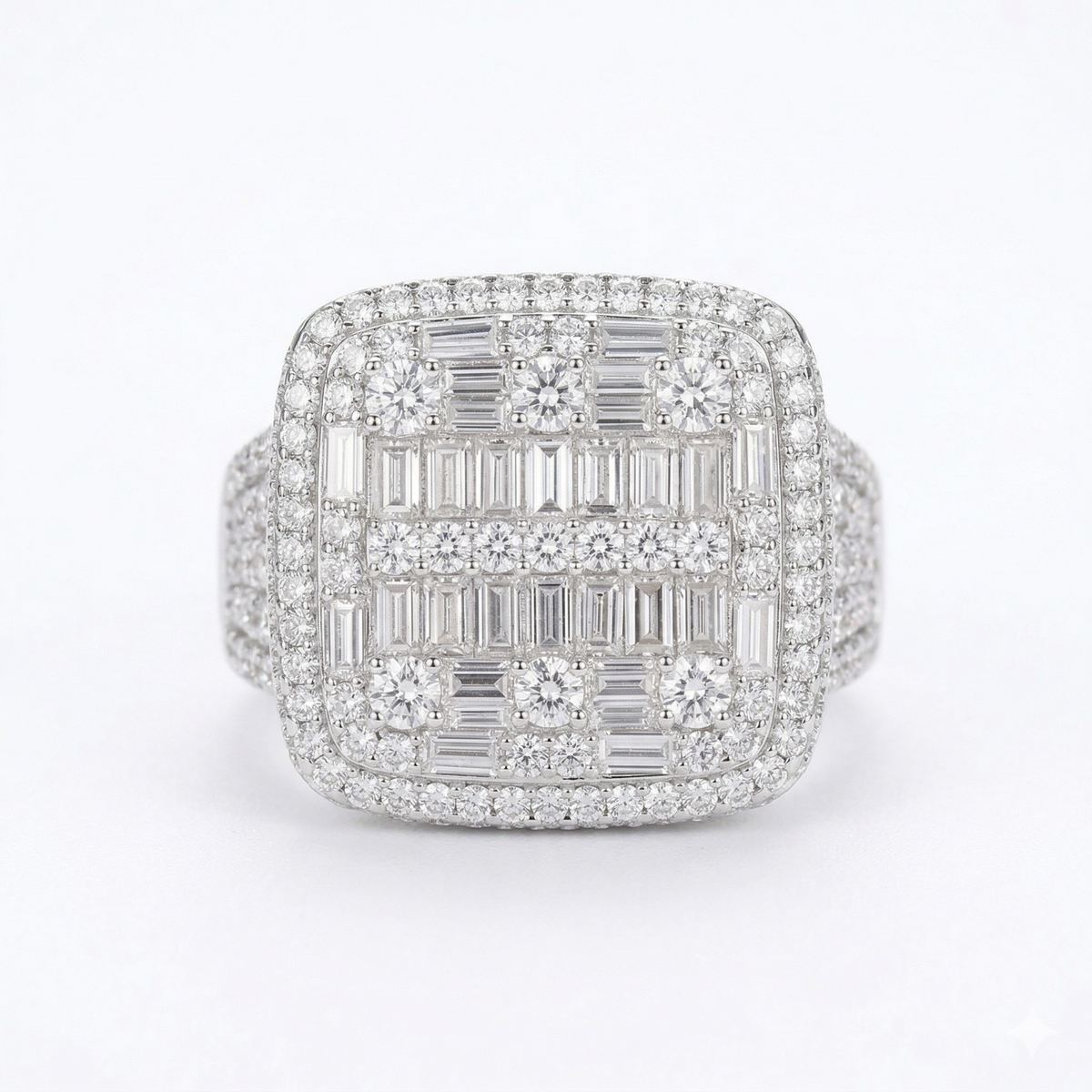 Diamond ring with rectangular and round stones on a white background