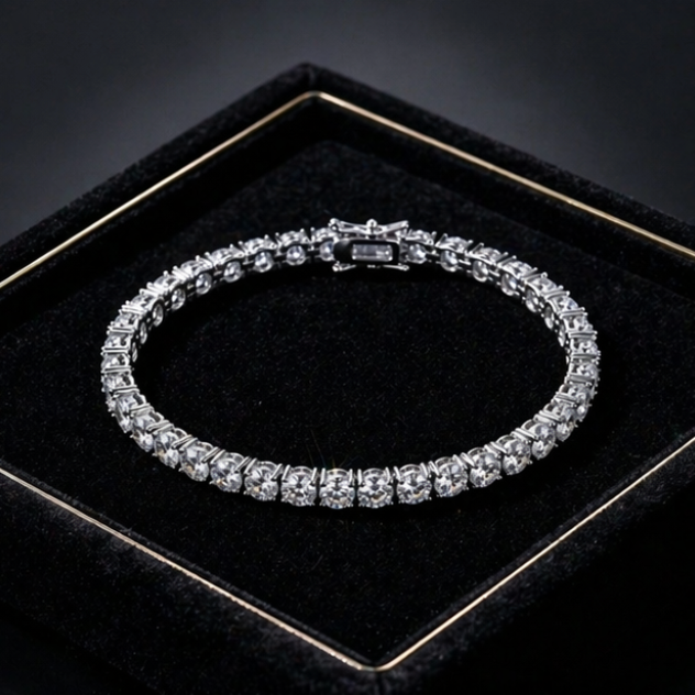 Silver bracelet with clear stones on a black velvet box
