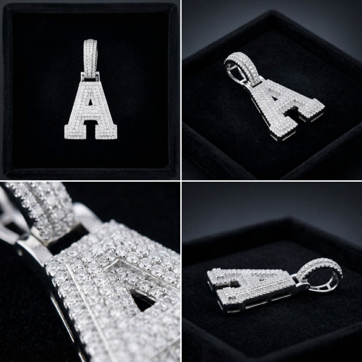 Silver 'A' pendant with diamond accents on a black background