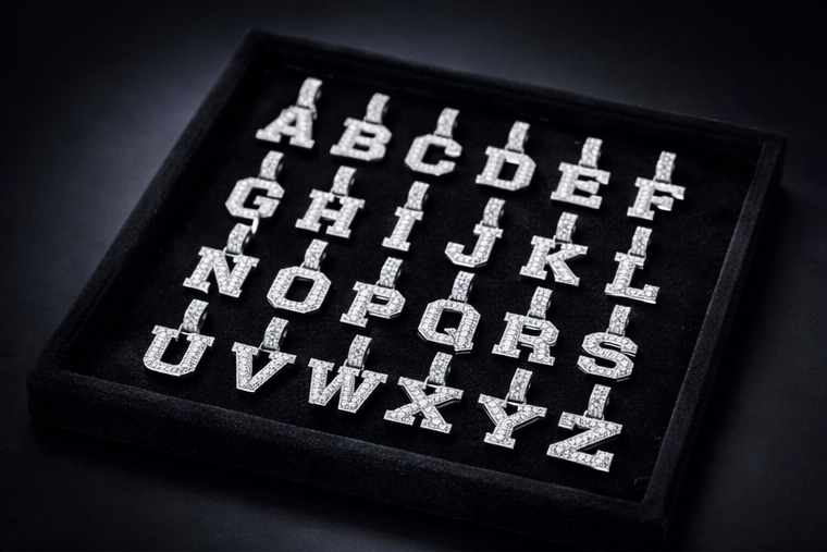 Alphabet letters displayed on a black tray against a dark background